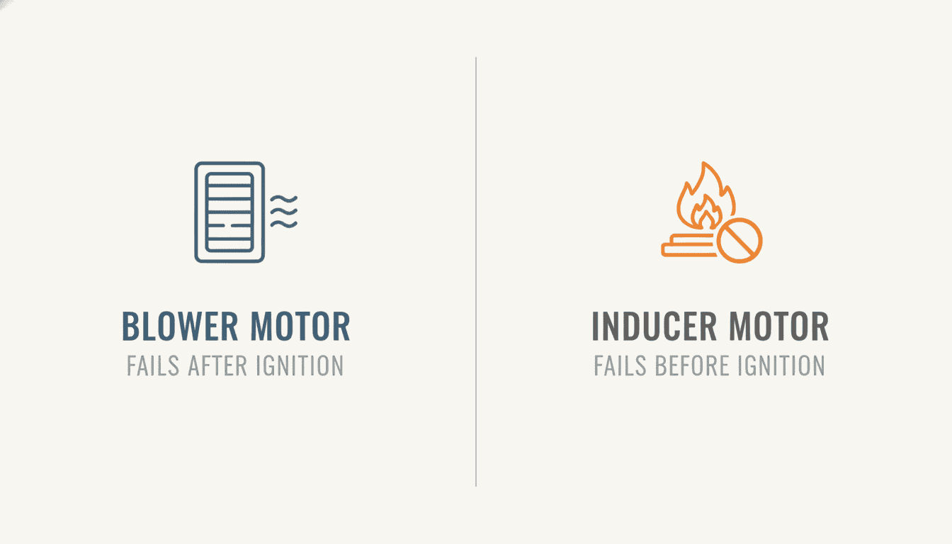Comparison graphic: a blower motor fails after ignition, a draft inducer motor fails before ignition
