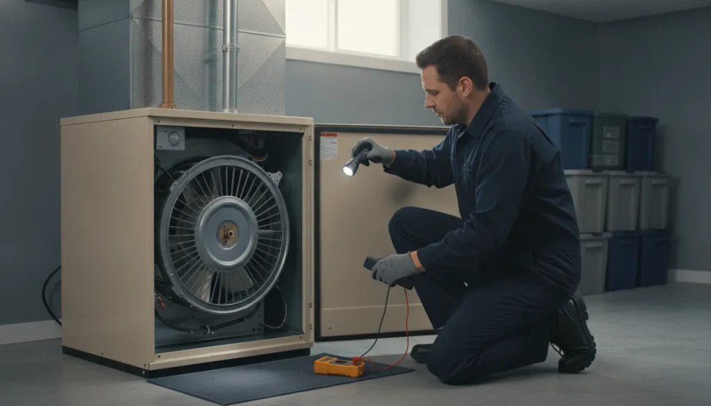 Furnace blower motor replacement cost: HVAC technician testing the blower motor inside an open high-efficiency gas furnace in a Canadian basement