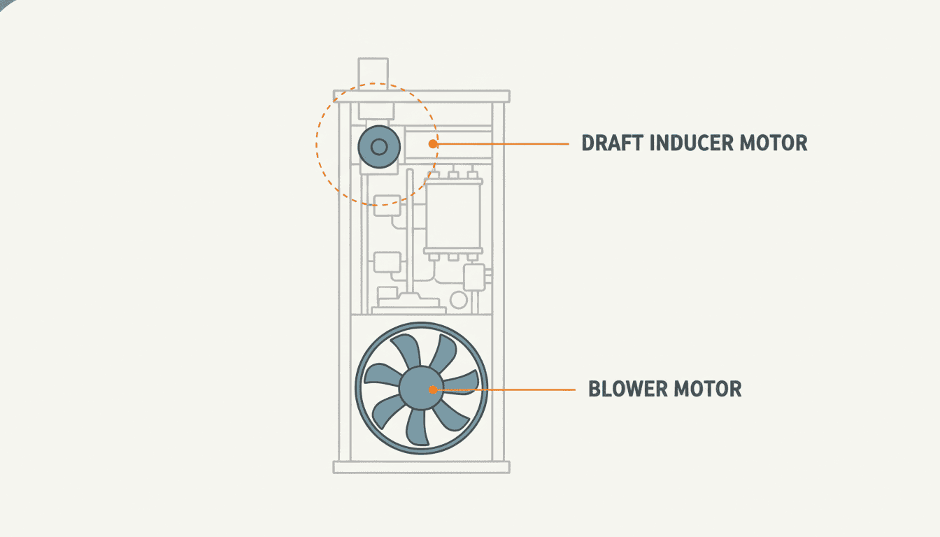 Furnace blower motor replacement cost depends on which motor failed: cutaway diagram showing the draft inducer motor near the top exhaust and the blower motor in the bottom compartment
